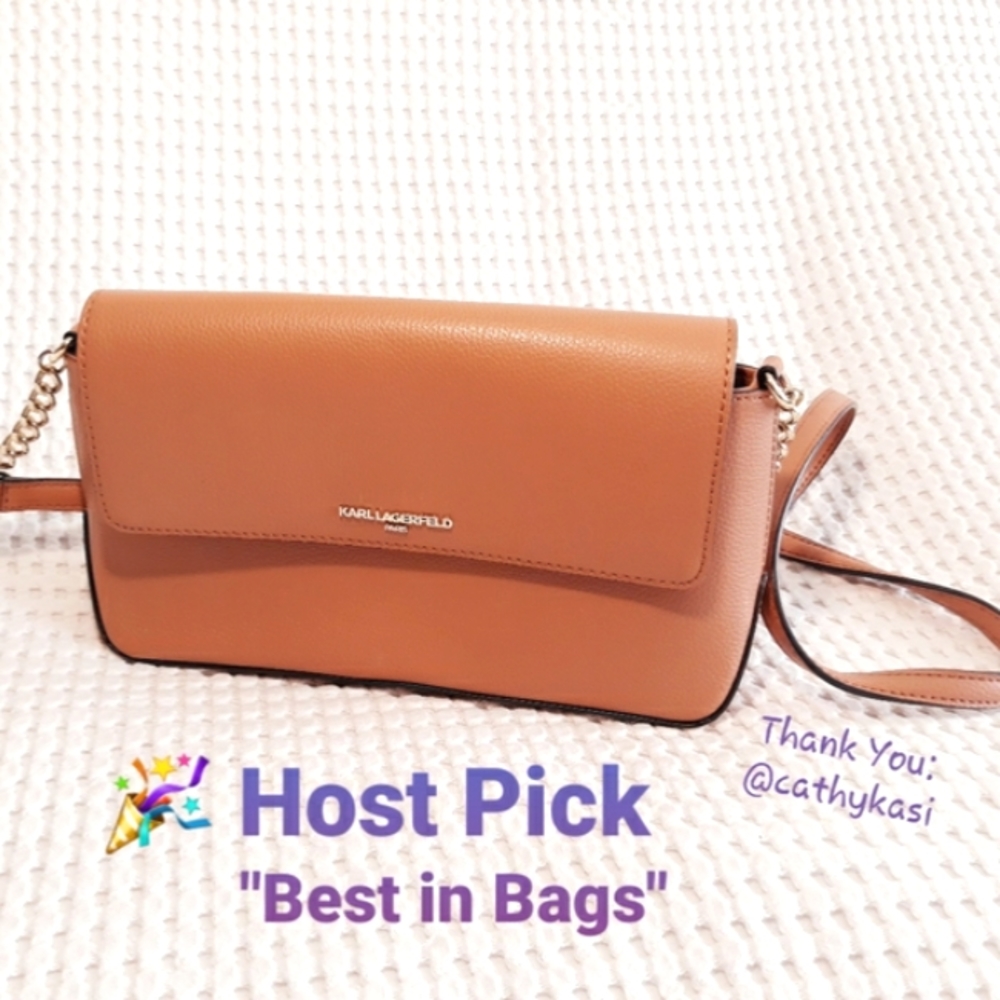 Karl Lagerfeld Paris Iris Crossbody Purse - Tan with Gold Chain Accent
